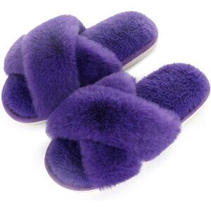Women's Purple Fuzzy Cross Band Memory Foam Open-Toe House Slippers